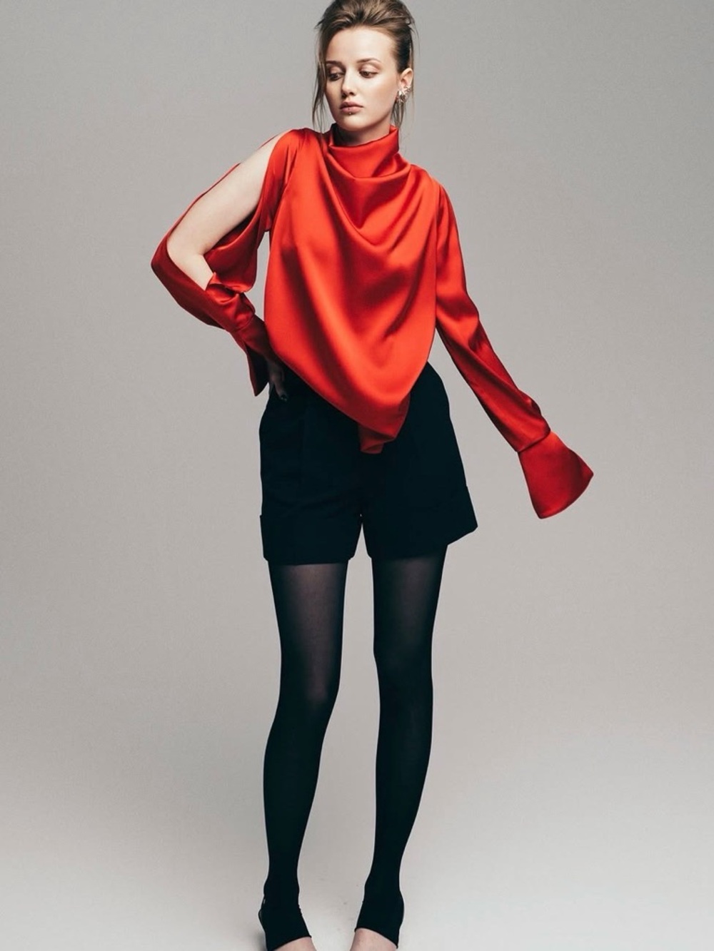 Julia Allert Red Satin Draped Long Sleeve Blouse